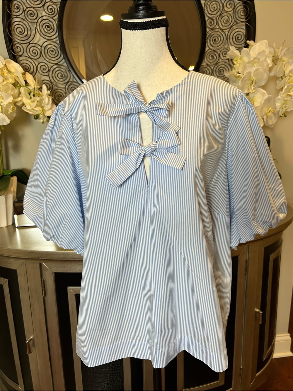 kate spade Blue and White Pinstripe Bow-Tie Puff Sleeve Blouse NWT